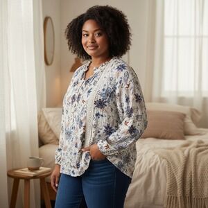 Cracker Barrel Navy Floral Boho Peasant Blouse XL Lace Trim Rayon Cottagecore